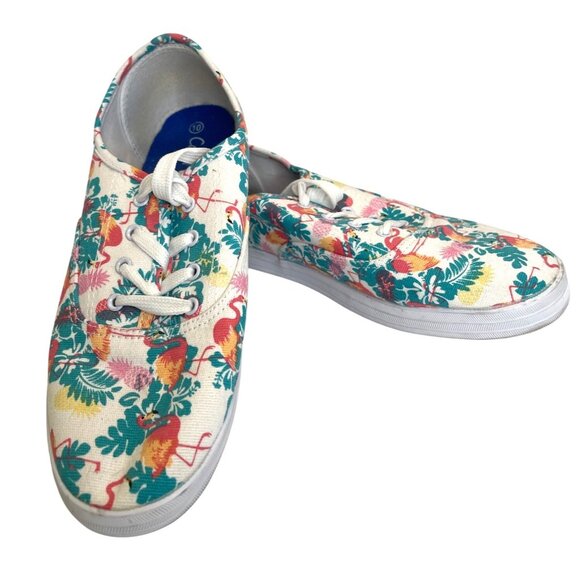 Canvas Lace-Up Sneakers Pink Flamingo Green Tropical Beach Flats Shoes Size 10 - Picture 2 of 11